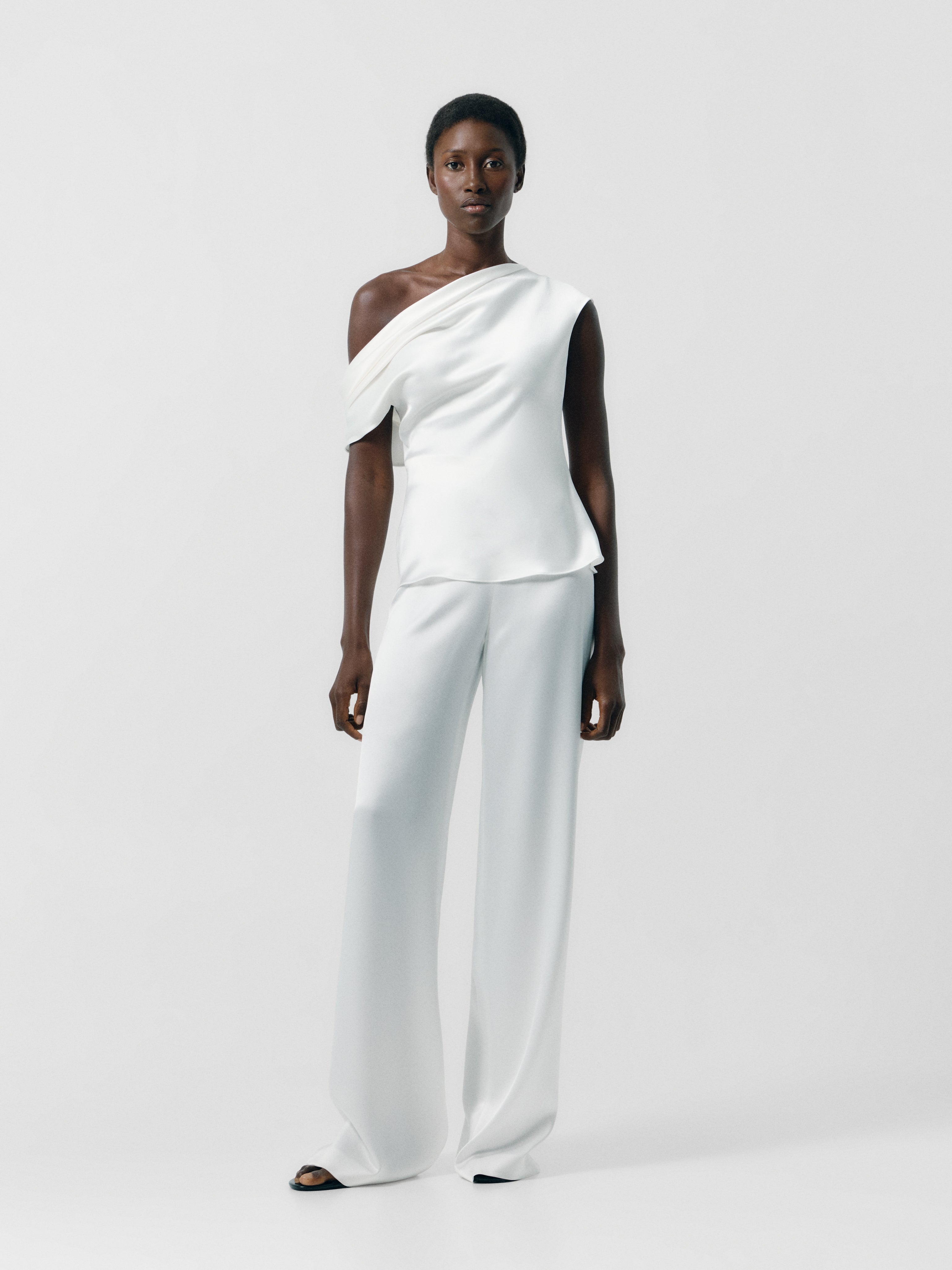 Draped Shoulder Satin Top