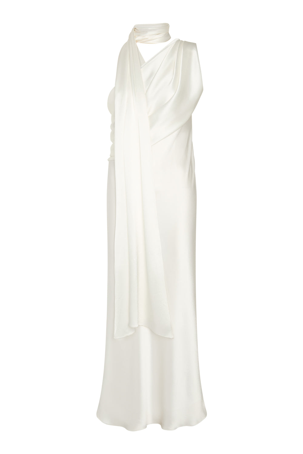 Draped Scarf Neck Satin Dress Ivory