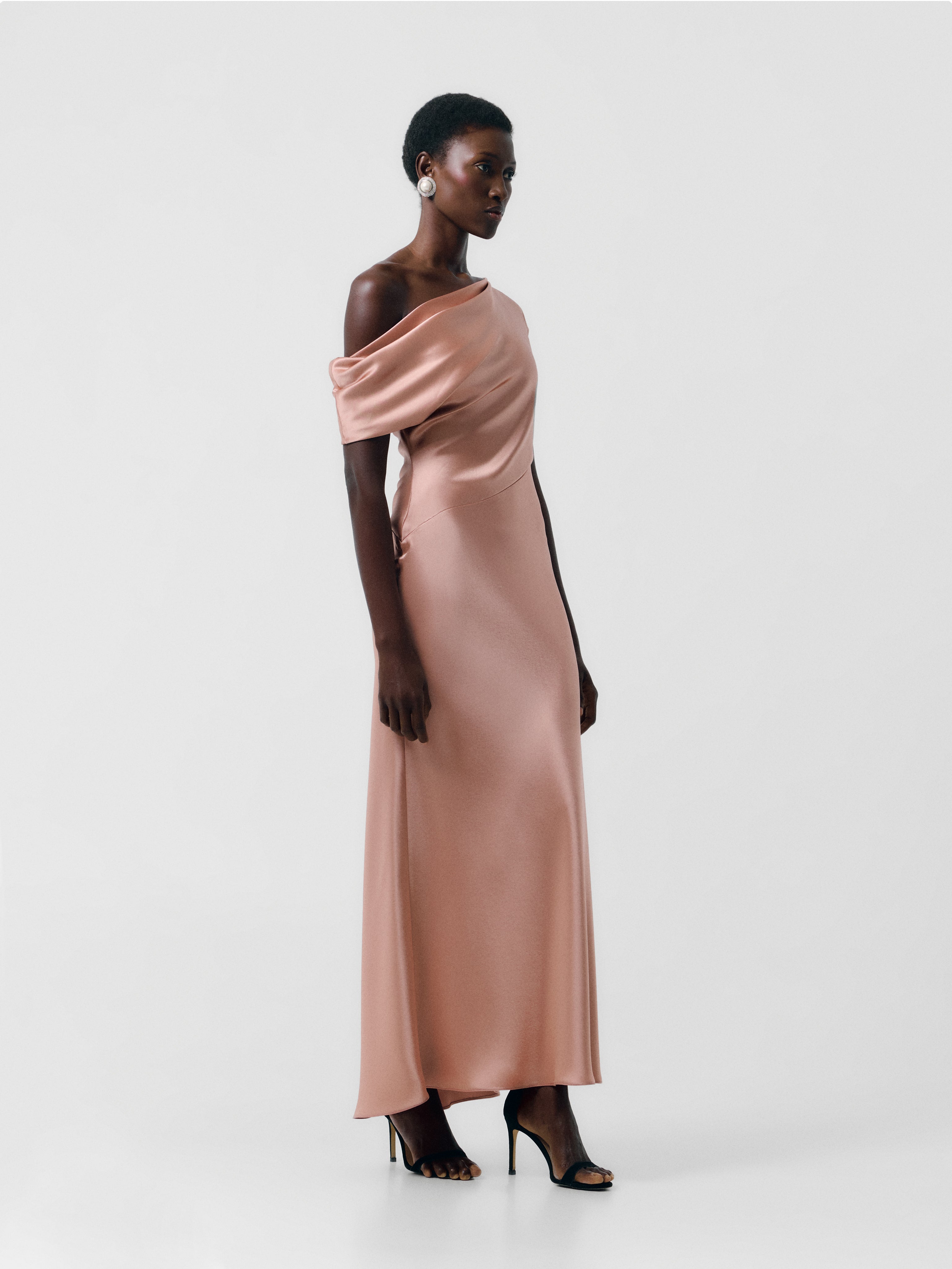 Draped Shoulder Satin Dress