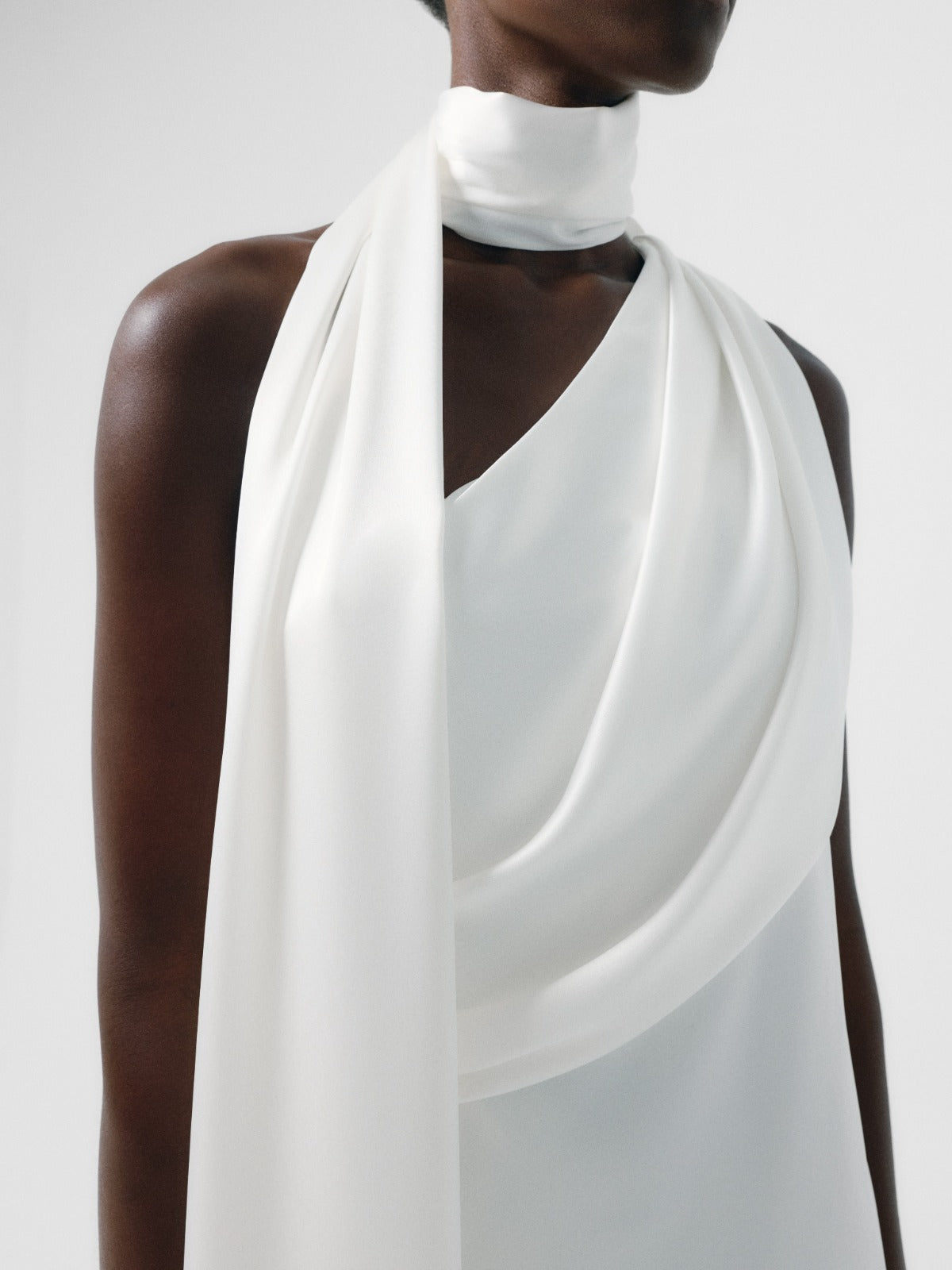 Draped Scarf Neck Satin Dress Ivory