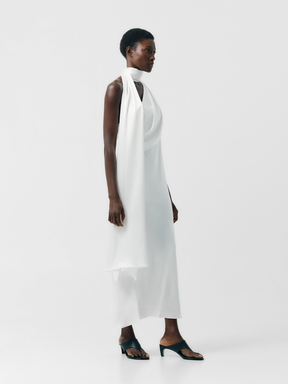 Draped Scarf Neck Satin Dress Ivory