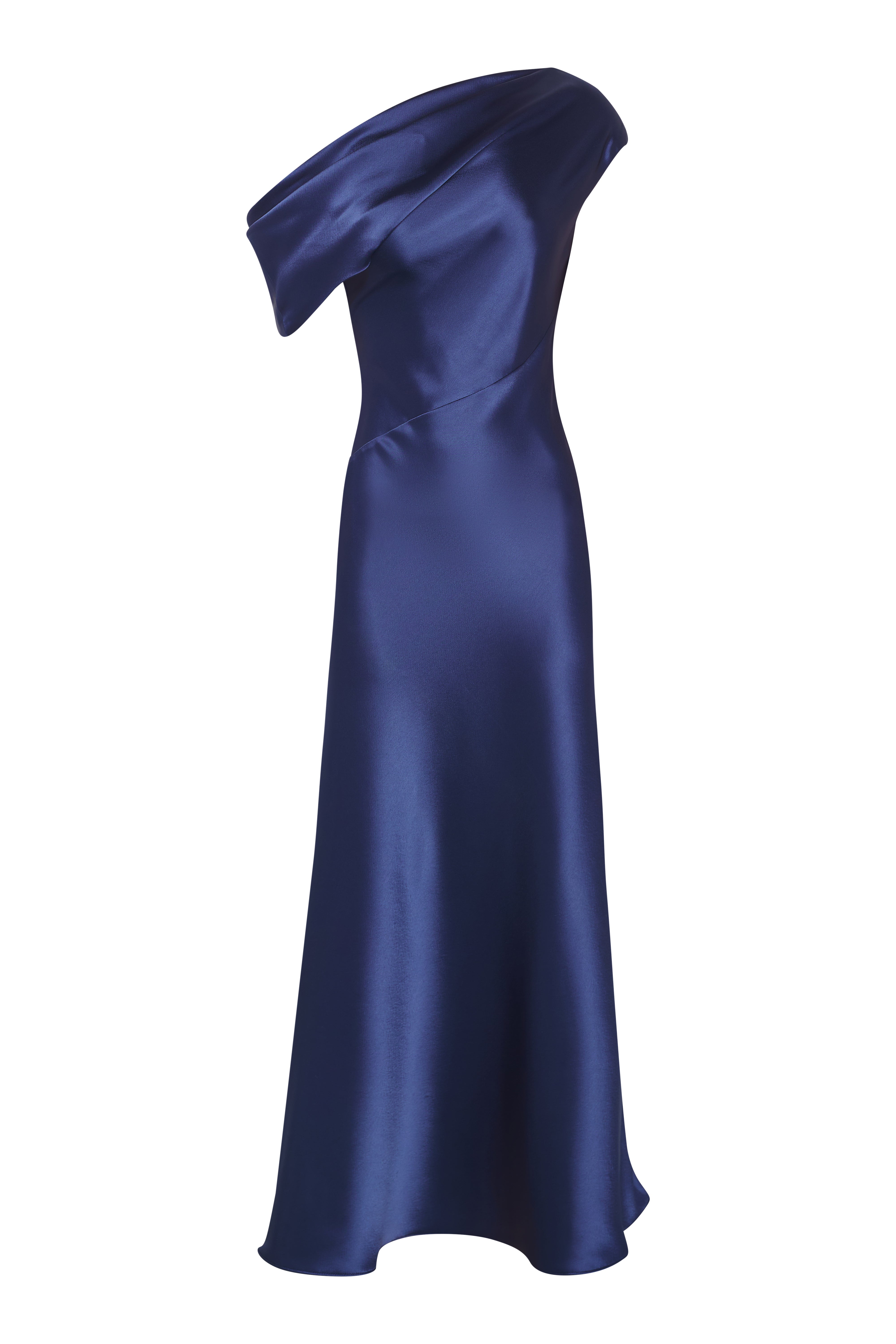 Draped Shoulder Satin Dress Blue
