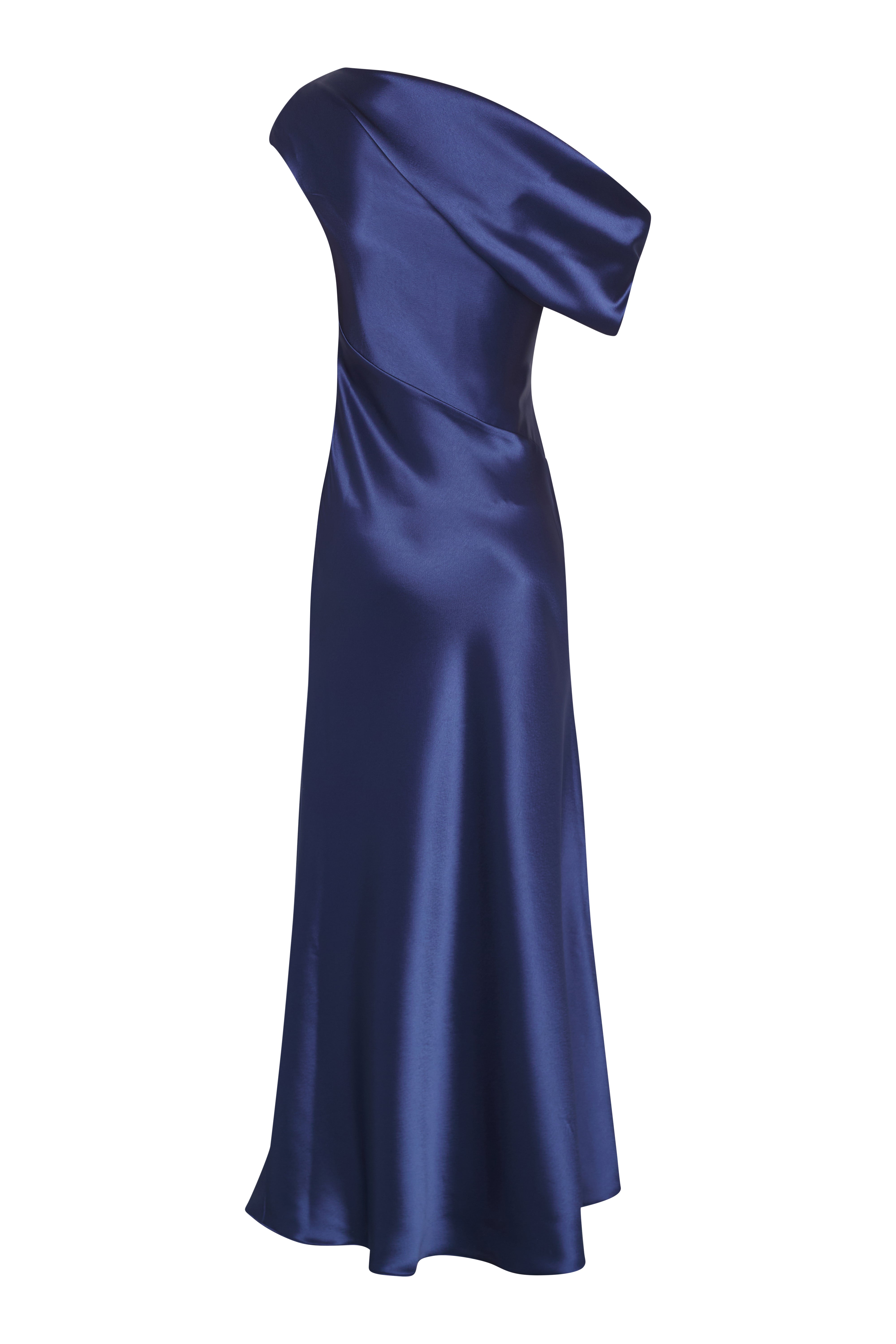Draped Shoulder Satin Dress Blue