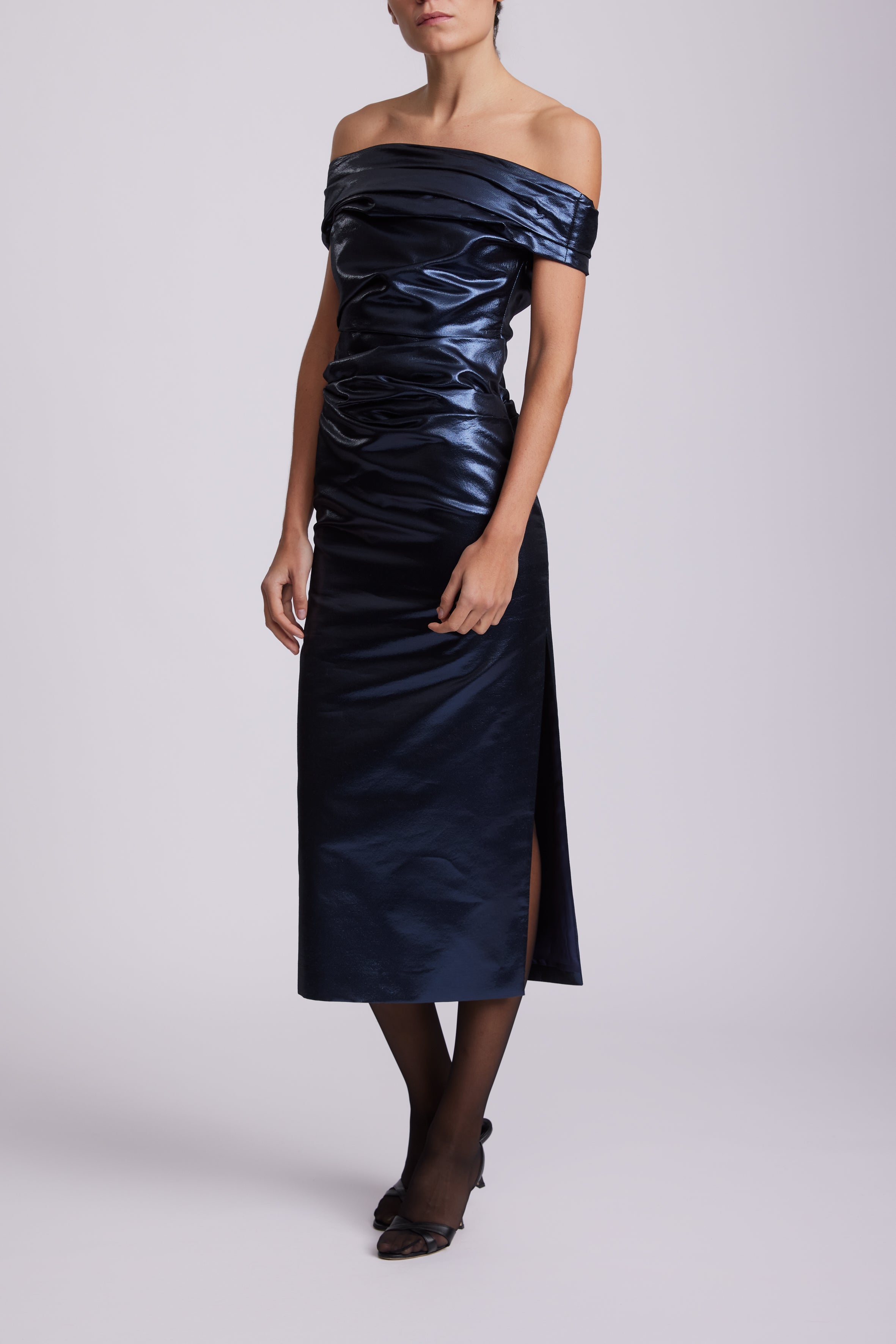 Off-Shoulder Draped Lame Dress