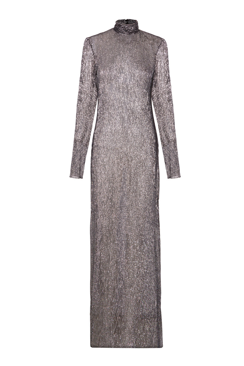 Straight silver dress with open back