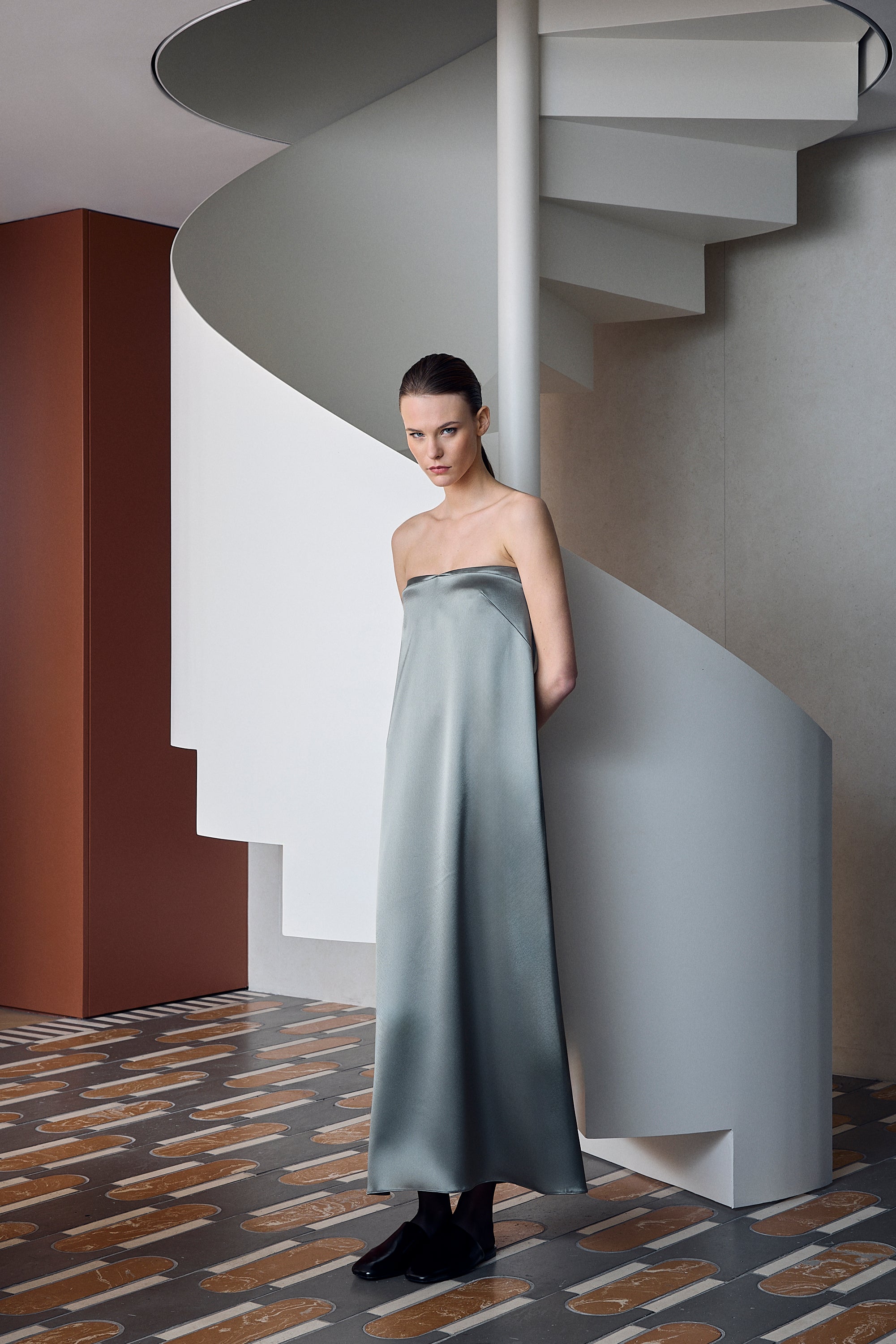 Strapless A-Line Satin Midi Dress
