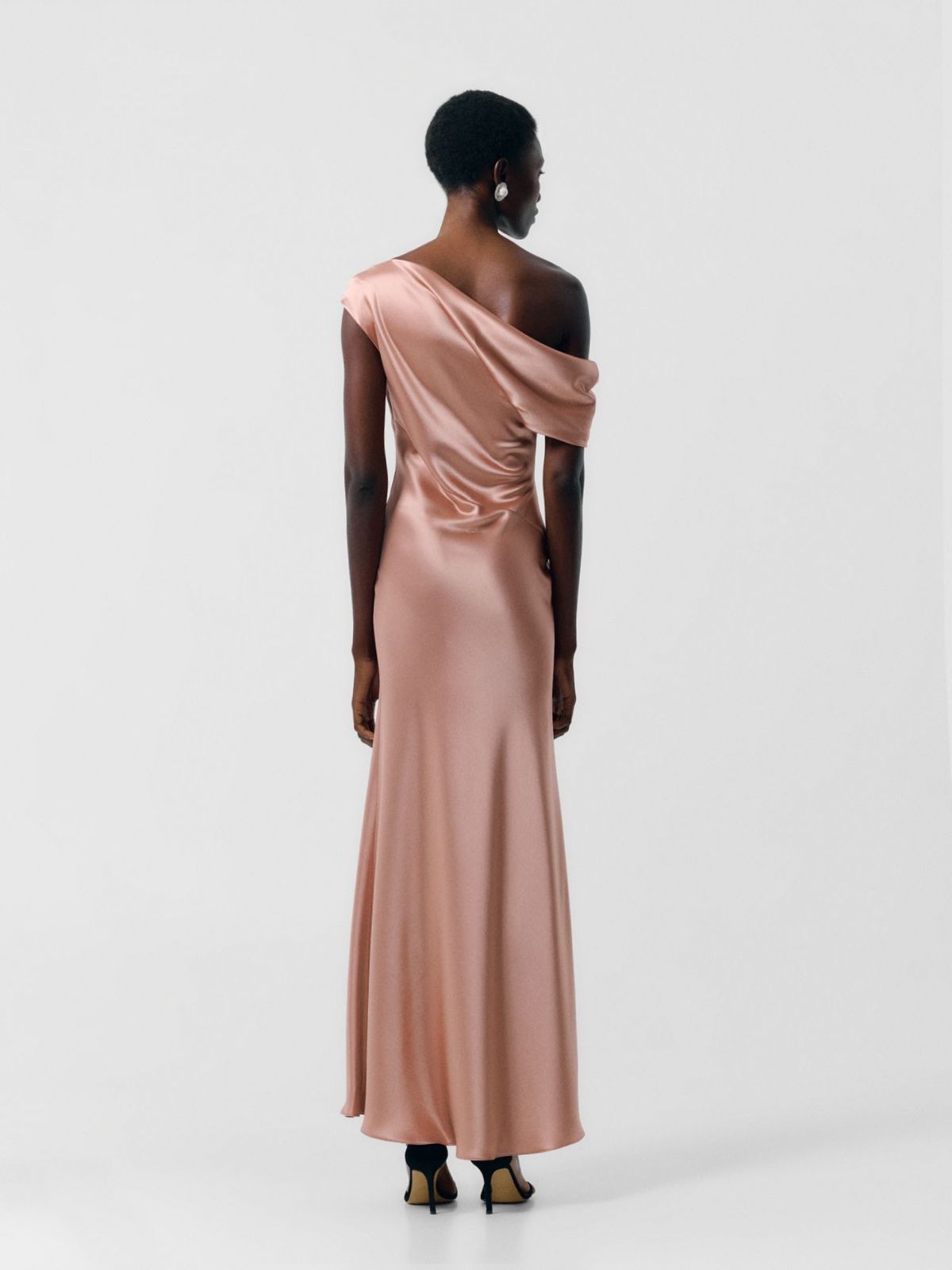 Draped Shoulder Satin Dress
