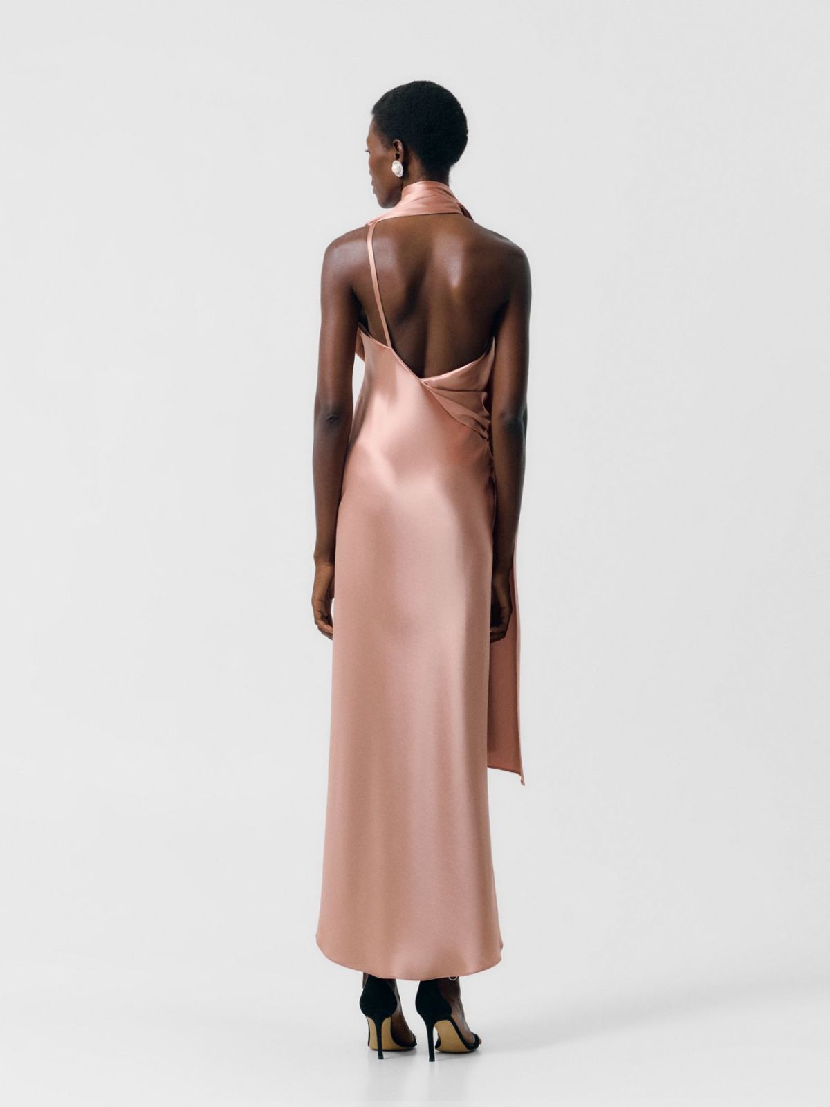 Draped Scarf Neck Satin Dress