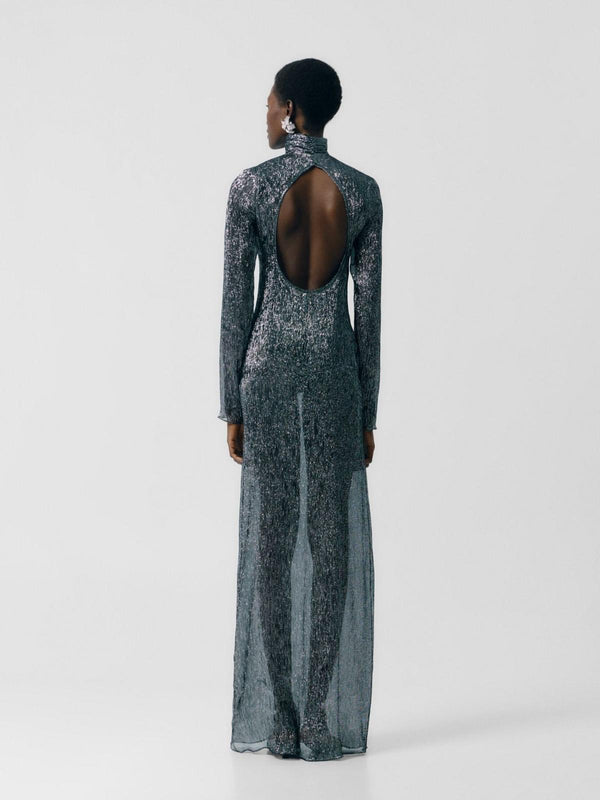 Straight silver dress with open back