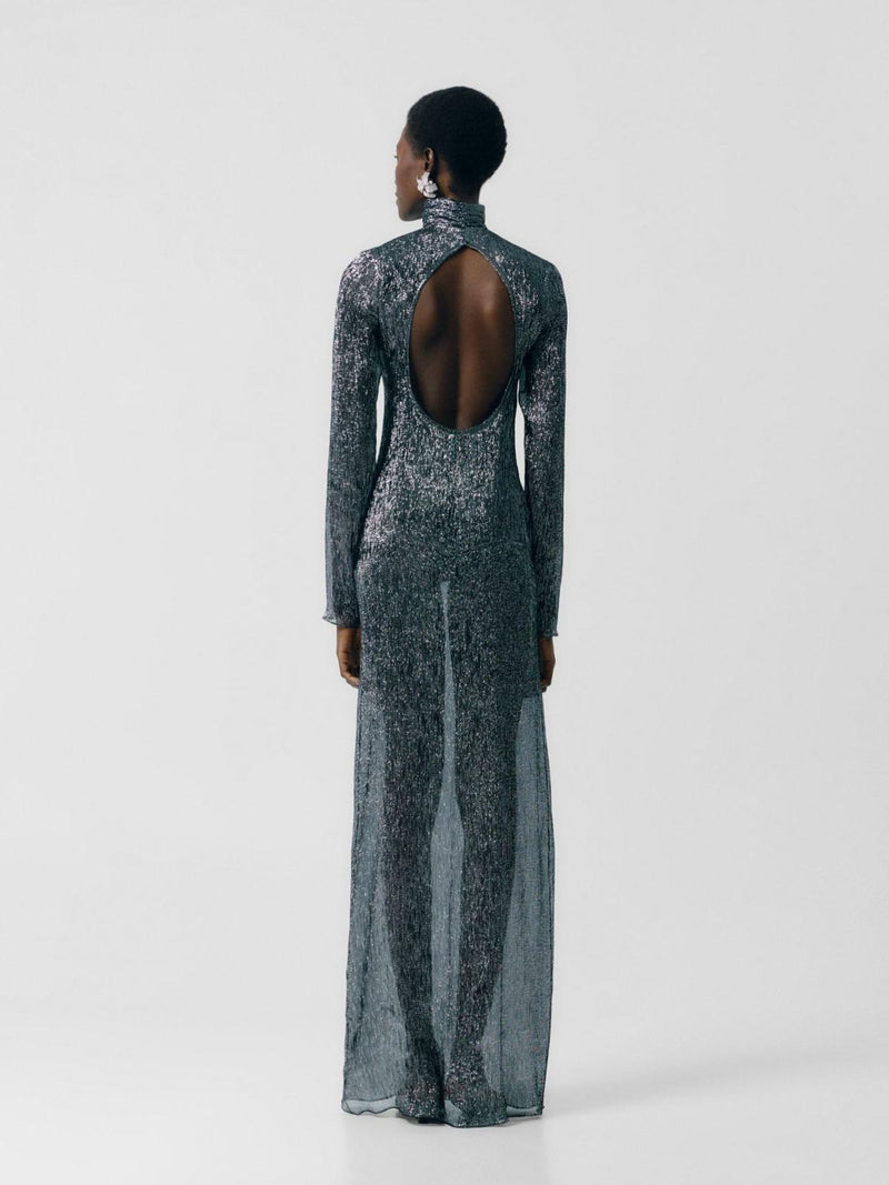 Straight silver dress with open back