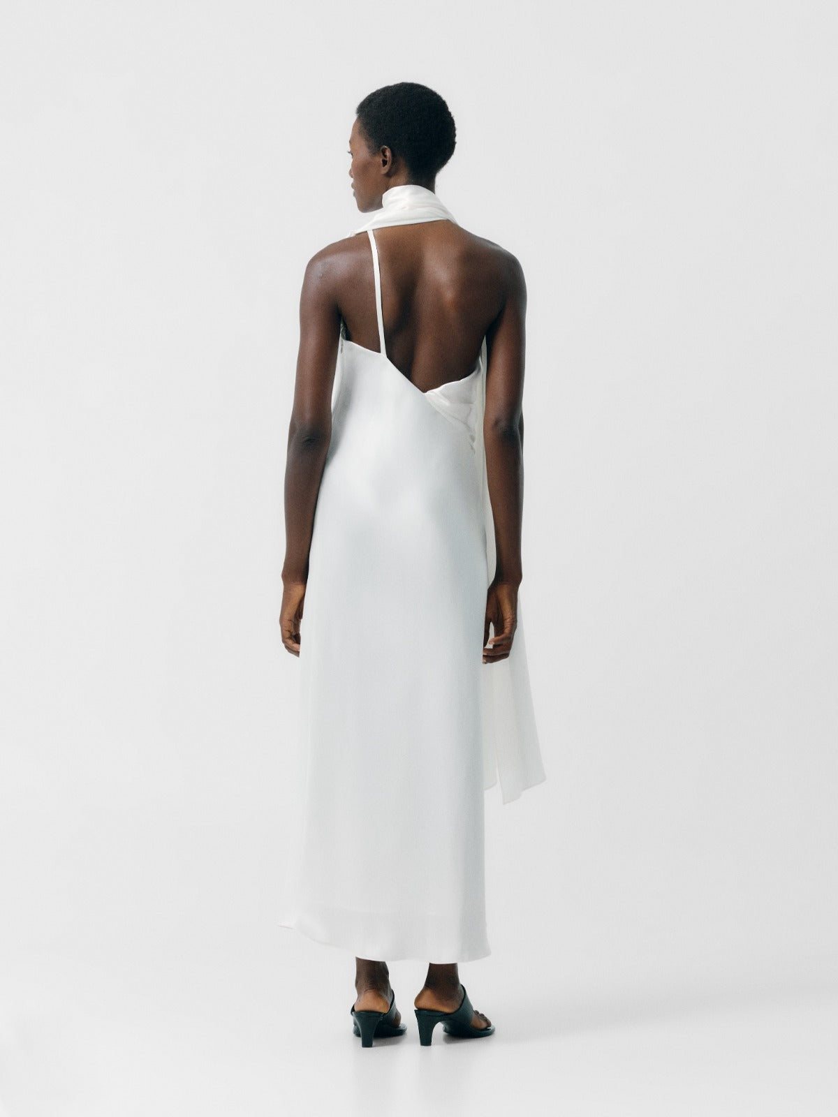 Draped Scarf Neck Satin Dress Ivory
